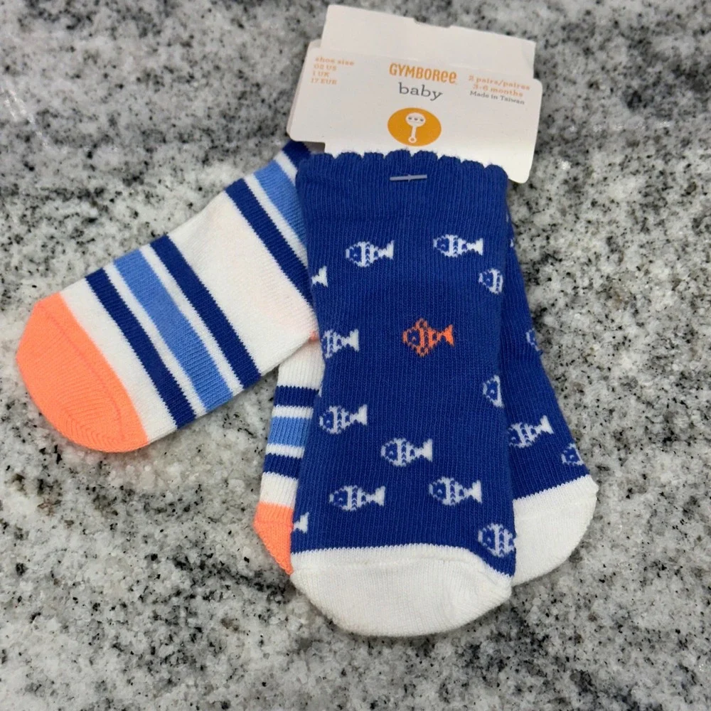 Gymboree Baby 3-6 Months 2-Pack Socks Blue Fish Striped Nautical Coastal Preppy